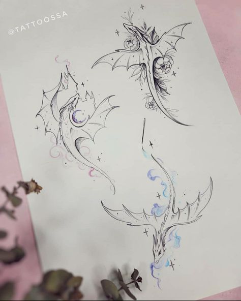 Tattoos For Fantasy Lovers, Rad Tattoos For Women, Elegant Dragon Tattoo For Women, Star Dragon Tattoo, Galaxy Dragon Tattoo, Dragon Lineart Tattoo, Dragon Tattoo Designs Sketches, Small Dragon Drawing, Small Dragon Tattoo Designs