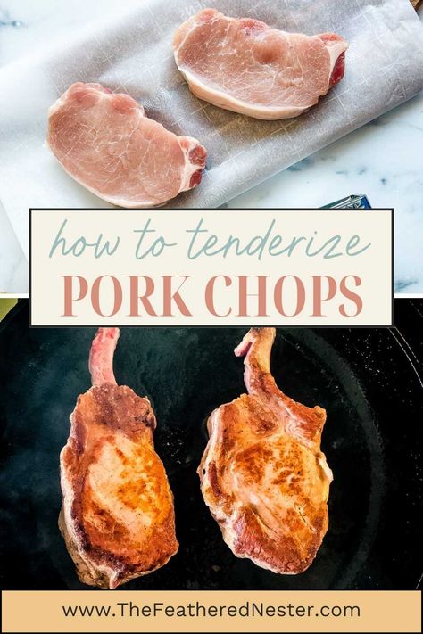 Just say no to dried out meat! Let us show you how to tenderize pork chops 3 different ways, so you can have the tender, juicy chops you crave (and deserve!) for dinner tonight. Taking the time to brine, marinate, or use a meat mallet to tenderize pork makes a big difference in the overall texture, juiciness, and flavor. Best Tender Pork Chops Ever, How To Get Pork Chops Tender, Tenderizing Pork Chops With Baking Soda, How To Make Boneless Pork Chops Tender, Tenderize Pork Chops Boneless, How To Tenderize Pork Chops With Baking Soda, Moist Tender Pork Chops, How To Marinate Pork Chops, Most Tender Pork Chops