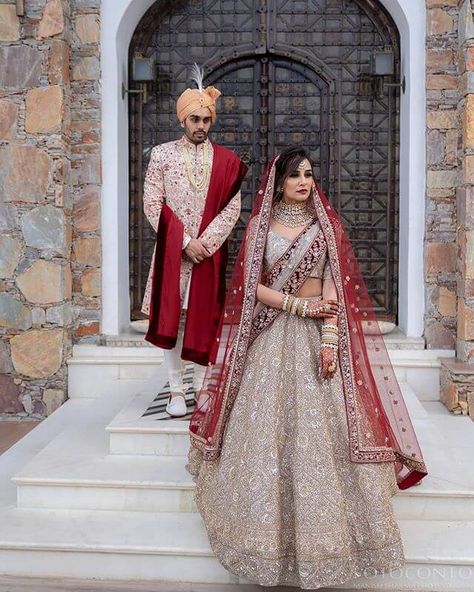 Color Coordinated Outfit Ideas For The Millennial Bride And Groom Bridal Lehnga Unique, Lehenga Color Combinations, Coordinates Outfits, Unique Bridesmaid Dresses, Couple Wedding Dress, Wedding Lehenga Designs, Indian Bride Outfits, Bridal Lehenga Red, Couple Dress