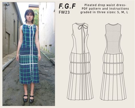 Printable sewing pattern and instructions for pleated drop waist dress with bow detail. Recommended for intermediate level sewers. You will need 3.5 yards of light weight cotton woven fabric, trim, and elastic sewing thread. You will have access to two PDFs, one is the printable pattern graded in 3 sizes, and the other is the instruction PDF with steps for how to construct the dress. Drop Waist Skirt Pattern, Bow Sewing Pattern, Drop Waist Dress Pattern, Drop Waist Dresses, Bow Sewing, Pleated Skirt Pattern, Dropped Waist Dress, Drop Waist Skirt, Printable Sewing Patterns