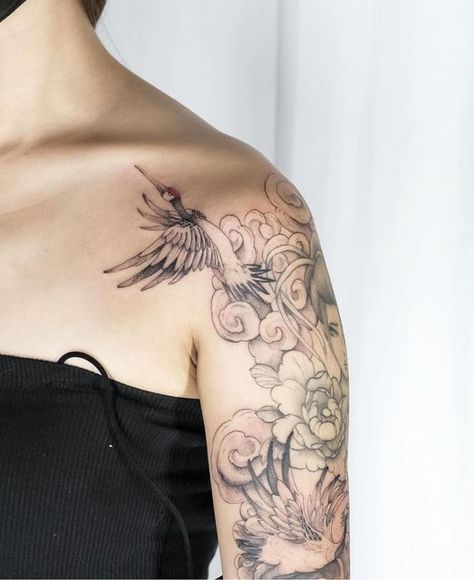 Crane And Cherry Blossom Tattoo, Crane And Flower Tattoo, Crane Shoulder Tattoo, Oni Tattoo, Crane Tattoo, Jungle Flowers, Japanese Crane, Cherry Blossom Tattoo, Blossom Tattoo