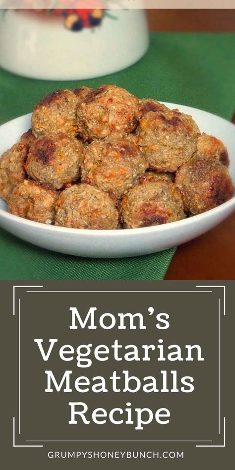 Mom's recipe for homemade vegetarian meatless meatballs is a healthier and delicious recipe for those looking to consume less meat in the diet. These veggie meatballs are made with almond meal, eggs, nut butter, and seasoning then baked in the oven. Great as a vegetarian meatball dinner or sub! Get this vegetarian recipe and more at Grumpy's Honeybunch website. Adventist Recipes, Vegetarian Meatballs Recipe, Breaded Meatballs, Meatless Meatloaf, Veggie Meatballs, Meatless Meatballs, Vegetarian Meatballs, Meatball Dinner, Meat Meals