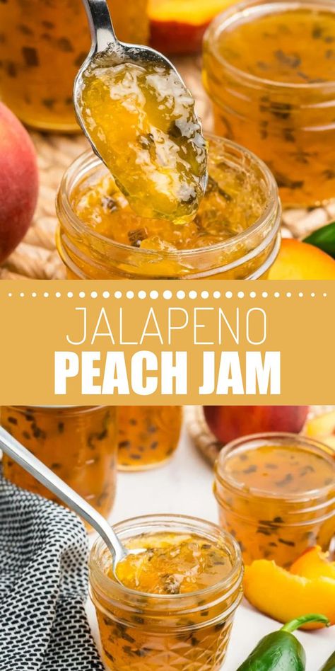 Collage of spoonful of jalapeno peach jam over jarful of more jam at top and spoon in a jar of jalapeno peach jam at bottom. Jalapeno Jam Recipe, Peach Jalapeno Jam, Low Sugar Jam Recipes, Low Sugar Jam, Pepper Jelly Recipes, Peach Jam Recipe, Jalapeno Jam, Canning Peaches, Hot Pepper Jelly