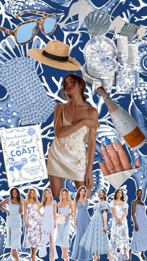 Aesthetic mood board for last toast on the coast themed bachelorette party Beachy Bachelorette Party, Bachelorette Outfit Themes, Cruise Bachelorette Party, Bachelorette Matching, Hens Party Themes, White Bachelorette, Bachelorette Party Hat, Last Toast On The Coast, Toast On The Coast