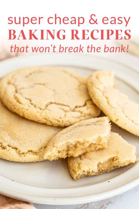 Here are the best cheap & easy baking recipes for baking on a budget! These recipes won’t break the bank and call for ingredients you may already have in your pantry. We’ve got lots of dessert and breakfast recipes, and even a couple savory options too. #cheapbakingrecipes #cheapdesserts #affordablerecipes Cheap Treats For A Crowd, Easy Cheap Baking Recipes, Easy Pantry Dessert Recipes, Inexpensive Cookie Recipes, Cheap Easy Cookie Recipes, Cheap Sweet Recipes, Cheapest Cookies To Make, Best Baked Goods For Gifts, Easy Cheap Cookies Recipes