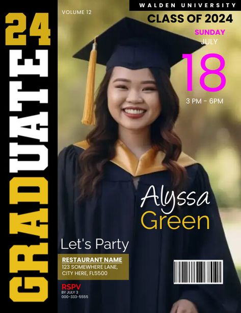 Graduation Magazine Cover Graduation Magazine, Magazine Cover Ideas, Bee Themed Classroom, Magazine Cover Template, Linkedin Background Image, Kindle Book Cover, Restaurant Names, Graduation Party Invitation, Cover Templates