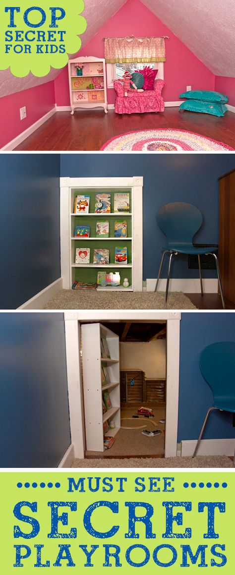 Super Fun Secret Hidden Kids Playrooms! LivingLocurto.com Hidden Door Bookcase, Hidden Spaces, Hidden Rooms, Attic Renovation, Secret Door, Attic Remodel, Attic Rooms, E Mc2, Secret Rooms