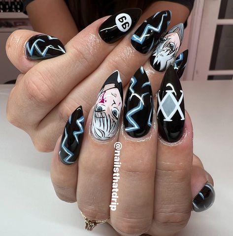 Killua Nails Acrylic, Killua Nails Design, Anime Nails Hunter X Hunter, Short Acrylic Nails Anime, Hunter Hunter Nails, Hunter X Hunter Nail Art, Killua Nails, Hisoka Nails, Hunter X Hunter Nails