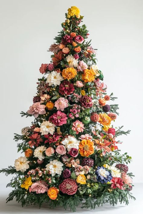 Christmas Tree Decor 2024: Must-Have Trends You’ll Love This Season Floral Theme Christmas Tree, Christmas Tree With Florals, Secret Garden Christmas, Artistic Christmas Decorations, Boho Vintage Christmas Tree, Spring Christmas Tree Decorations, Christmas Tree Ideas Flowers, Christmas Tree Nature Theme, Floral Xmas Tree