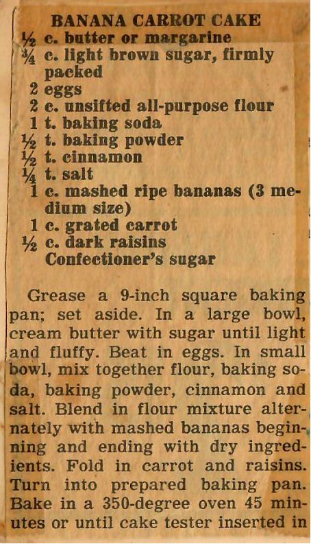 Banana Carrot Cake - a vintage newspaper clipping recipe. Can't decide on a Banana or Carrot Cake, try this recipe! Visit our website for additional cake recipes. #VingateRecipes #BananaCarrotCake #Cake #CarrotCake #BananaCake #Recipe Banana And Carrot Cake Recipe, Carrot Cake Recipe With Banana, Carrot Banana Cake Recipe, Carrot And Banana Cake Recipe, Vintage Carrot Cake, Desert Cake Recipes, Banana And Carrot Cake, Carrot And Banana Cake, Best Banana Cake Recipe Ever