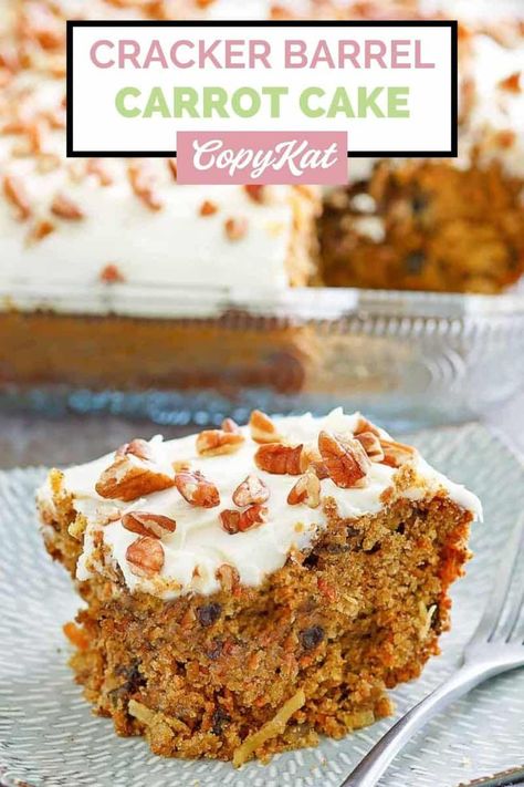 Cracker Barrel Carrot Cake with Cream Cheese Frosting is packed with flavor! This moist carrot cake is made with pineapple, coconut, raisins, walnuts, cinnamon, and nutmeg. Get the easy copycat recipe and find out how to make the best carrot cake from scratch. Homemade carrot cake is perfect for Easter, Thanksgiving, Christmas, birthdays, and any special occasion. Cracker Barrel Carrots, Pineapple Pecan Cake, Carrot Sheet Cake Recipe, Pecan Carrot Cake, Cracker Barrel Recipes, Carrot Cake Bars, Soda Cake, Easter Recipe, Moist Carrot Cakes