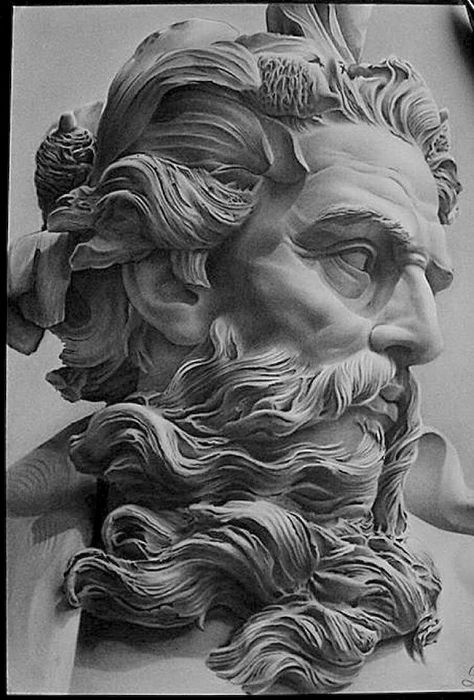 Angel Sculpture Art, Poseidon Statue, Poseidon Tattoo, Zeus Tattoo, Native Tattoos, Statue Tattoo, Ancient Greek Sculpture, Full Sleeve Tattoo Design, Greek Statues