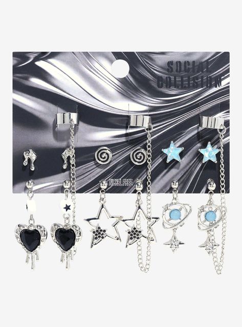 Add to your acubi aesthetic with this earring set! It features studs of swirls  stars and drip  plus drop earrings of stars  planets and dripping hearts  each with a matching cuff.14" - 3" dropsNickel-free alloySet of 6 pairsImported Corpse Bride Earrings, Acubi Aesthetic, Disney Valentines, Pretty Jewelry Necklaces, Cuff Earring, Diy Clothes Life Hacks, Pretty Prom Dresses, Blue Jewelry, Cuff Earrings