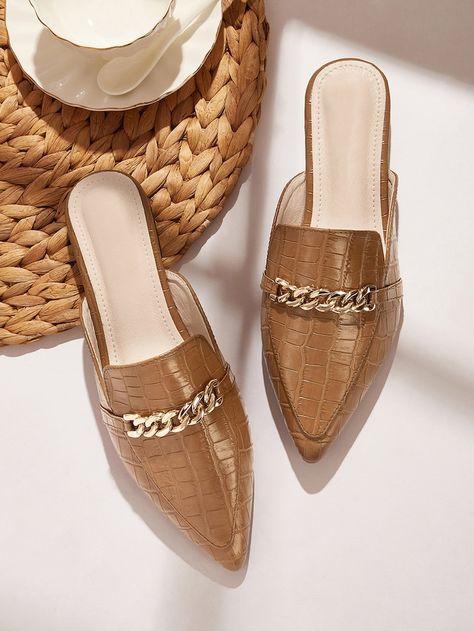 Chain Decor Croc Embossed Mules | SHEIN Footwear Photography, Tan Mules, Shoes Fashion Photography, Chain Decor, Shoes Photography, Stylish Work Outfits, How To Wear Scarves, Casual Work Outfits, Pointed Toe Flats