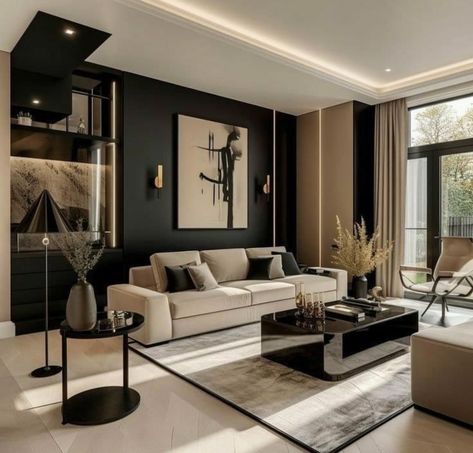 2 Sofas In Living Room Layout, Black And Gold Living Room, Tan Living Room, Home Inspo Living Room, Gold Living Room, Beige Living Rooms, Black Living Room, Home Entrance, Rustic Home Design