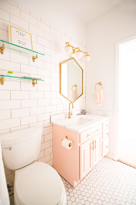 Modern Glam Blush Girls Bathroom Design | CC and MIke | Design Blog Girls Bathroom Design, Hexagon Mirror, Pink Vanity, Shelves Diy, Decor Ikea, Bad Inspiration, Butler Pantry, 아파트 인테리어, Modern Glam