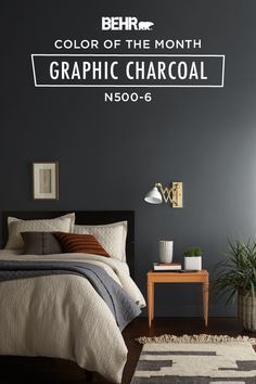 Charcoal Paint Color, Charcoal Grey Paint, Bedroom Paint Colors Master, Blue Gray Paint Colors, White Bedspreads, Behr Colors, Charcoal Paint, Color Of The Month, Behr Paint Colors