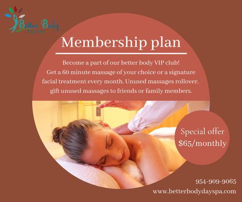 Join our membership plan! Enjoy several benefits and exclusive prices on our services! For any further questions about our membership give us a call at 954-909-9065 and we'd be more than happy to answer them! Massage Membership Ideas, Spa Membership Ideas, Massage Promotion, Membership Ideas, Free Amazon Prime, Therapy Business, Massage Therapy Business, Popular Podcasts, Best Audiobooks