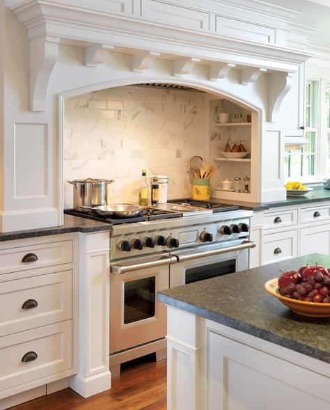 Built by Kells Construction; Architecture by Jan Gleysteen Architects; Photography by Richard Mandelkorn Kitchen Mantle, Lake House Kitchen, Cape House, Kitchen Cabinets Decor, Kitchen Stove, Kitchen Redo, Traditional Kitchen, Kitchen Shelves, White Cabinets