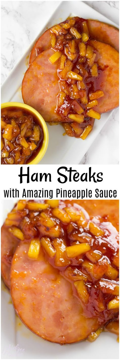 Ham Steaks Recipe. This Ham Steaks Recipe is easy to make and has the most amazing pineapple sauce ever! Serve with veggies and rice for a quick dinner Ham Steaks With Pineapple, Ham Steak Dinner, Ham Steak Recipes, Ham Sauce, Ham Pineapple, Ham Dishes, Ham Steak, Pineapple Ham, Pineapple Sauce