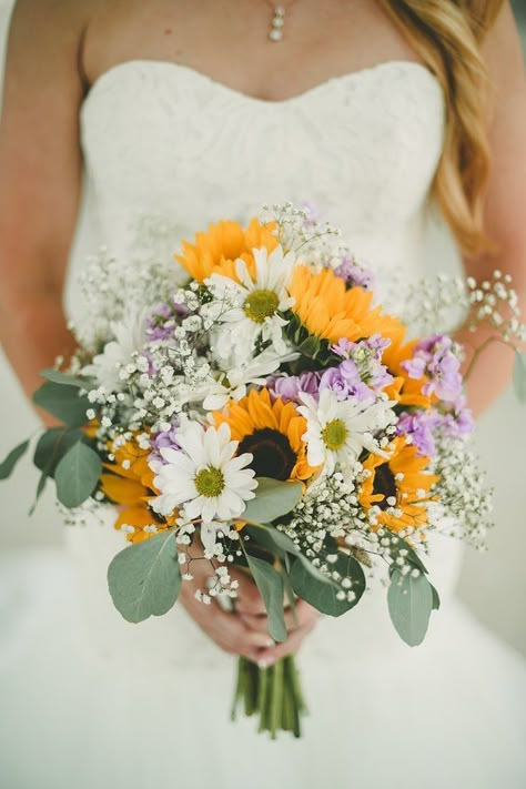 Sunflower Summer Wedding, Baby's Breath And Eucalyptus, Sunflower Bridal Bouquet, Wedding Flowers Sunflowers, Sunflower Themed Wedding, Sunflower Wedding Bouquet, Wedding Themes Summer, Bridal Sunflowers, Purple Wedding Bouquets