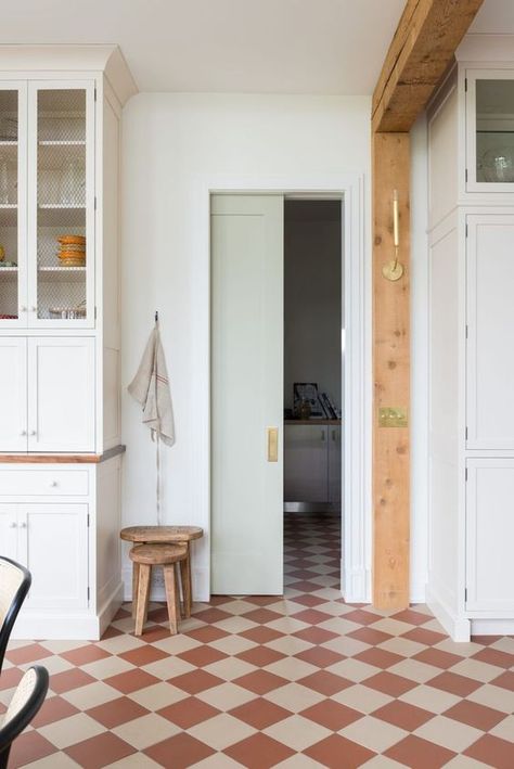 Iphone Pic, Checkerboard Floor, Wood Beam, Charming Kitchen, Casa Vintage, Interior Photo, Pocket Doors, Cheap Home Decor, Interior Design Trends