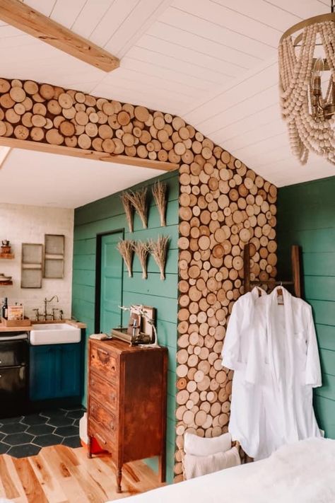 Whimsical Cabin Interior, Log Cabin With Painted Walls, Eclectic Log Cabin, Chinked Log Cabin Interior, How To Clean Log Cabin Walls, Hand Hewn Log Cabin Interior, Treehouse Airbnb, Cabin Inspiration, Vintage Cabin