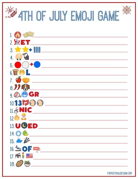 Print this 4th of July game and play 4th of July emoji at your 4th of July party this year 4th Of July Emoji, Fourth Of July Trivia, Fourth Of July Games, 4th Of July Trivia, 4th Of July Printables, Online Party Games, Daycare Curriculum, July Activities, Paper Trail Design