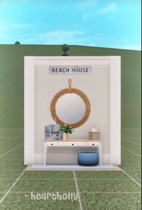 Bloxburg Coastal Beach House Interior, Bloxburg Coastal House Entrance, Costal Decals Bloxburg Surfboard, Bloxburg Coastal Entrance, Coastal Entryway Ideas Bloxburg, Bloxburg Coastal Entryway, Bloxburg Beach Bedroom Ideas, Bloxburg Coastal Bathroom, Bloxburg Entryway Ideas