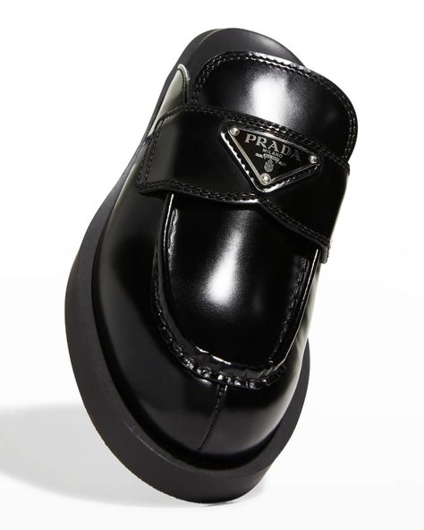 Prada Leather Logo Loafer Mules | Neiman Marcus Prada Slides, Prada Loafers, Miuccia Prada, Prada Leather, Loafer Mules, Triangle Logo, Monogrammed Items, 2024 Fashion, Prada Shoes