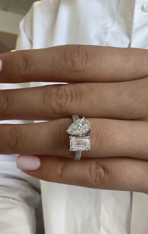 Stunning two-stone ring , pear and emerald cut diamonds Radiant And Pear Engagement Ring, Celeb Engagement Rings, Pear Engagement Ring, Stone Engagement Ring, Stone Engagement Rings, Stone Engagement, Emerald Cut Diamonds, Pear Cut, Stone Ring