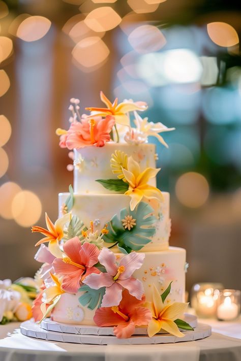 For the couple who dares to be different, here are 37 wildly outrageous wedding cakes that embody boldness and creativity. #BoldBrides #WildWeddingCakes Elegant Hawaiian Cake, Plumeria Wedding Cake, Bold Wedding Cake, Tropical Wedding Cakes, Bosveld Troue, Tropical Ceremony, Aloha Cake, Hawaiian Wedding Cake, Pastel Wedding Cakes