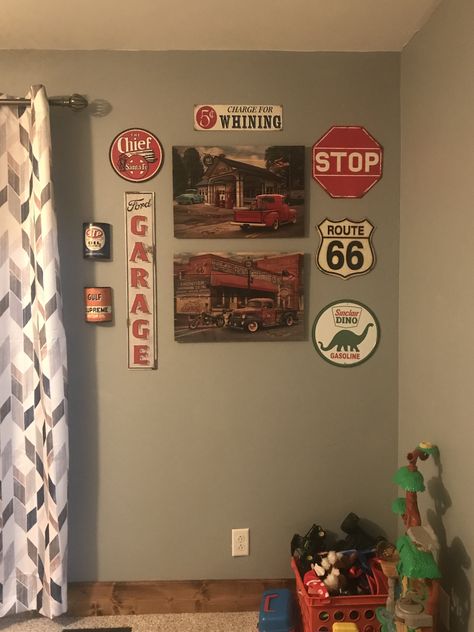 Old Car Room Decor, Automotive Home Decor, Old Car Nursery Theme, Cars Themed Room Boys, Mechanic Bedroom Ideas, Vintage Car Room For Boys, Boys Car Room Ideas, Classic Car Bedroom, Car Nursery Ideas Boy