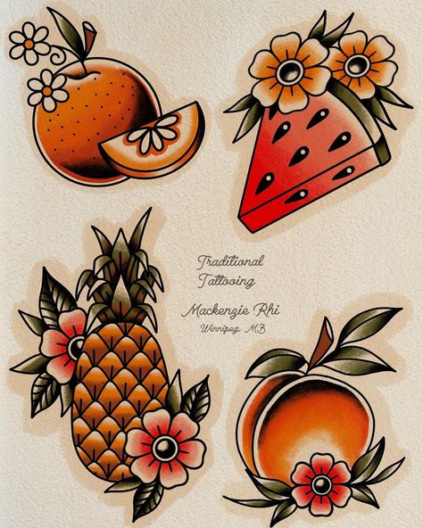 Skull Fruit Tattoo, Tropical Traditional Tattoo, Orange Juice Box Tattoo, Traditional Watermelon Tattoo, Fruit Flash Tattoo, American Traditional Fruit Tattoo, Nectarine Tattoo, Traditional Peach Tattoo, Summer Flash Tattoo