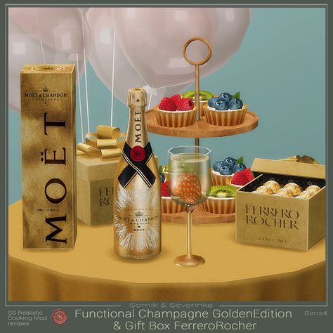 Functional Champagne "Golden Edition" and Gift Box "Ferrero Rocher" | Somik and Severinka on Patreon Sims 4 Champagne, Sims 4 Functional Alcohol, Sims 4 Gifts Cc, Sims 4 Alcohol Cc, Mods For Sims 4, Sims 4 Game Packs, Champagne Decor, Champagne Box, Champagne Chocolate