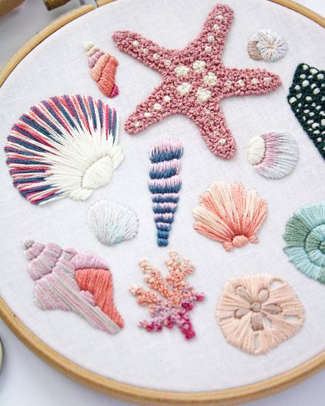 Seashell Embroidery Pattern, Intermediate Tutorial, Beach Hand Embroidery, Hawaii Craft, Beachy Needle Craft, Shell Aesthetic, Maggie Jo - Etsy Seashell Knitting Pattern, Embroidery Shells Seashells, Shell Embroidery Pattern, Sea Animals Embroidery, Embroidery Inspiration Hand Stitching, Aquatic Embroidery, Florida Embroidery, Coastal Embroidery, Beach Embroidery Designs