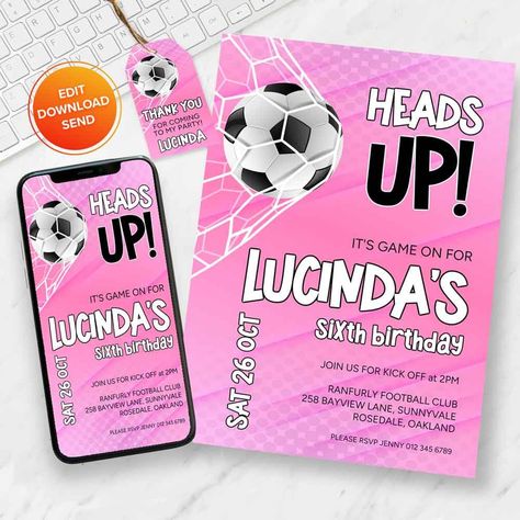 We thought that girls love football too, #etsy shop: Girls Pink Football Birthday Invitation | Editable Template | Soccer Birthday Invite https://etsy.me/3qEPO6c #pink #birthday #white #footballinvite #footballbirthday #sportsinvite #digitaldownload #editabletemplate Football Theme Birthday, Soccer Birthday Invitation, Football Birthday Invitations, Birthday Invitation Pink, Soccer Birthday Parties, Pink Football, Soccer Theme, Soccer Birthday, Football Themes