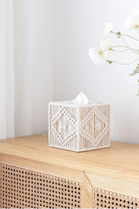 Stylish Tissue Box Cover: Different from other tissue holder, this ivory tissue box cover has a unique design. Square box with exquisite hand-knitted pattern cover makes this tissue holder stand out be a great boho room decoration, add a dash of style to your space. It will be a perfect gift for those who like boho home decor. Superb Craftsmanship: The square tissue box is made of natural cotton rope knitting with solid iron framework, it's sturdy and non-deformable. Dresser Living Room, Rope Knitting, Macrame Square, Tissue Box Holder, Bohemian Handmade, Bedroom Dresser, Boho Room, Tissue Box Cover, Design Square