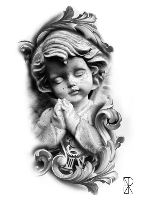 Black And Grey Tattoo, Tattoo Ideas Black Women, Cherub Tattoo Designs, Tattoo Ideas Black, Christus Tattoo, Baby Angel Tattoo, Tattoo Graffiti, Cherub Tattoo, Tattoo World