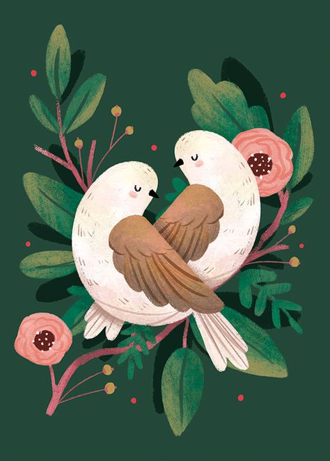 Turtle Doves, Flowers And Leaves, The Words, Birds, Flowers, Green, Pink, White