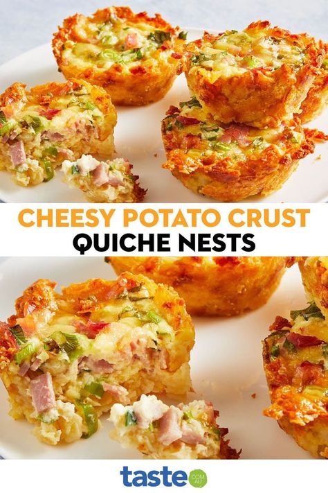 Quiche With Potato Crust, Potato Crust Quiche, Mini Breakfast Quiche, Potato Cups, Breakfast Egg Bake, Quiche Muffins, Mini Quiche Recipes, Savoury Slice, Potato Crust