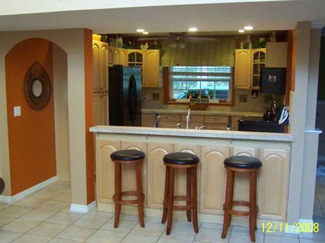 Half Wall Between Kitchen And Living Room, Dining Room Half Wall, Bar Between Kitchen And Living Room, Room Half Wall, Wall Between Kitchen And Living Room, Half Wall Ideas, Mobile Home Repair, Open Concept Kitchen Living Room, Long Kitchen