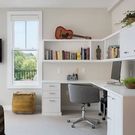 Built In L Shape Desk Ideas & Photos | Houzz Home Office Built Ins With Desk, Home Office For Two, Ergonomic Home Office, Transitional Home Office, Office For Two, Home Office Built Ins, L Shaped Office Desk, Office Built Ins, Study Room Design