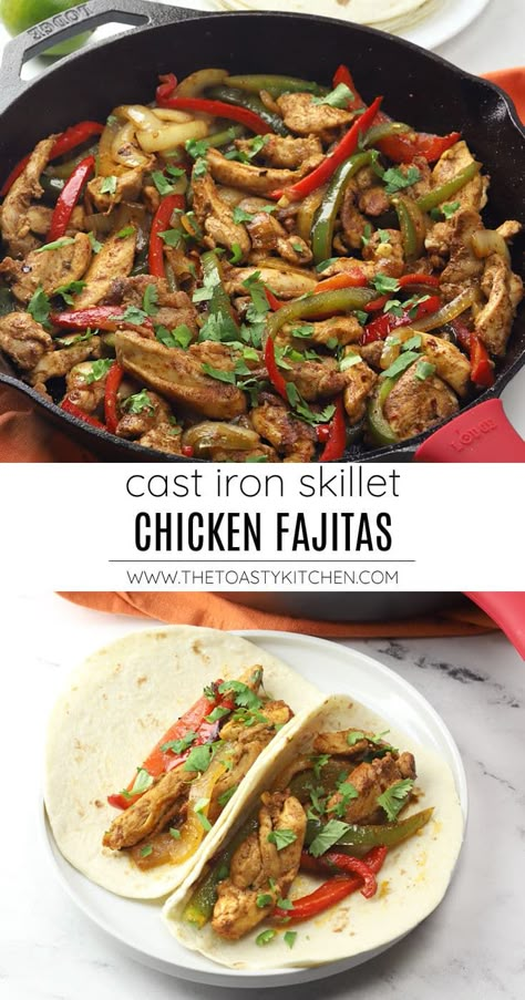 Skillet chicken fajitas recipe by The Toasty Kitchen. Make a sizzling skillet of chicken fajitas for your next weeknight meal. This crowd-pleasing dinner comes together in a single pan, made with chicken thighs, onion, bell pepper, and a simple homemade seasoning blend. #chickenfajitas #skilletfajitas #castironskillet #castironfajitas #chickenthighfajitas #recipe #dinnerideas #mealideas #dinnerrecipes Skinless Chicken Recipes, Boneless Skinless Chicken Recipes, Skillet Chicken Fajitas, Iron Meals, Meatloaf Cupcakes, Chicken Fajitas Recipe, Turkey Food, Low Salt Recipes, Fajitas Recipe