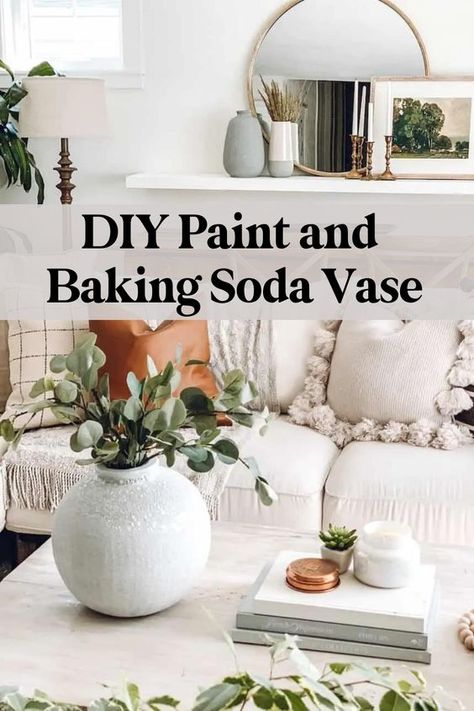 How To Paint Vases To Look Like Pottery, Diy Baking Soda Paint, How To Paint Vase With Baking Soda, Modern Farmhouse Art Painting, Diy Vase Painting Baking Soda, Making Glass Vase Look Like Pottery, Upcycled Glass Vase, Baking Soda Painted Vase, Old Vase Makeover