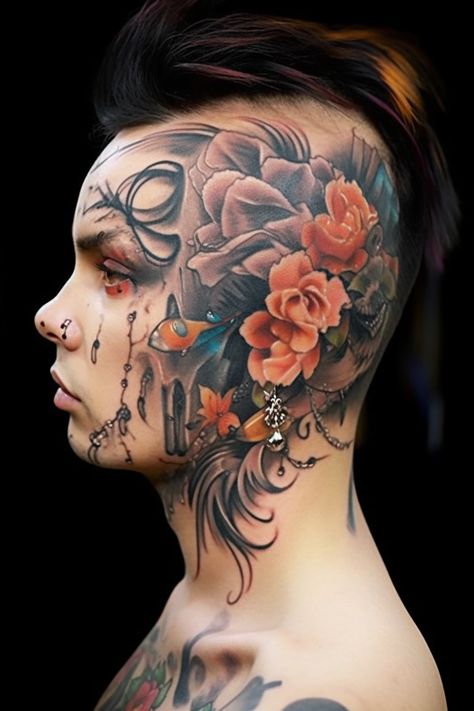 Discover stunning cover up tattoo ideas for females with a mix of masculine and feminine elements. Check out this orange and black skull of tattooed flowers on the left side of someone's neck, in the style of Reylia Slaby, Tetsuya Ishida, and Michael Page. A perfect blend of smooth and curved lines, this manapunk design is truly captivating. Neck Tattoo Girl, Side Neck Tattoo Ideas, Tetsuya Ishida, Tattooed Flowers, Cover Up Tattoo Ideas, Up Tattoo Ideas, Tattoo Ideas For Females, Neck Tattoo Ideas, Girl Neck Tattoos