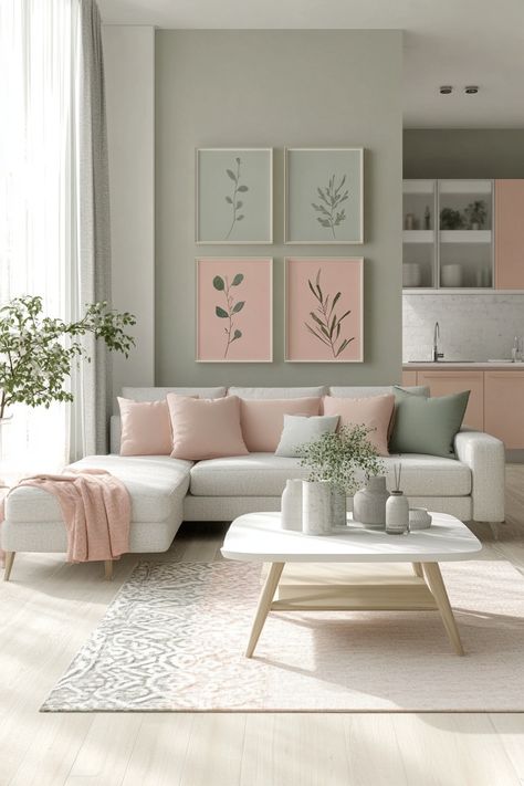 Neutral Pastel Living Room, Pink And Cream Living Room Ideas, Muted Pink Living Room, Soft Pastel Living Room, Home Decor Ideas Pastel, Pastel Color Living Room, Living Room Pastel Colors, Pink And Green Living Room, Mauve Living Room