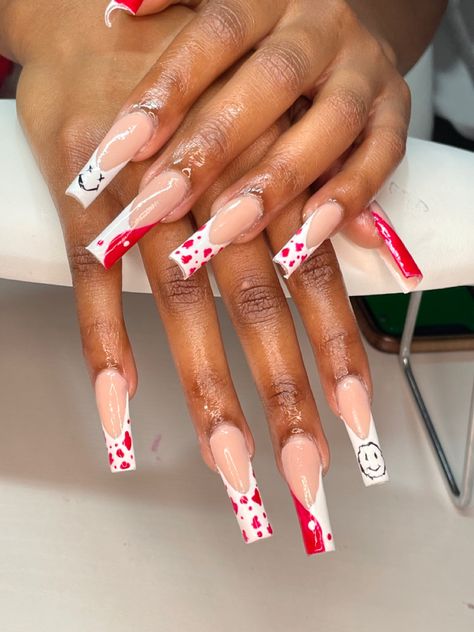 Red And Cow Print Nails, Red Cow Print Nails Acrylic, Red Frenchies Nails, Pink Cow Print French Tip Nails, Red Cow Nails, Red White And Blue Cow Print Nails, Red And White Nails Short, Red Cow Print Nails, Red And White Nails Acrylic