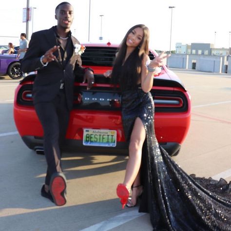 Prom Dress Couple Outfit, Black And Red Prom Couple, Black Prom Couples, Prom Pictures With Car, All Black Prom Couple, Red And Black Prom Couples, Black Prom Couples Outfit, Black Couple Prom, Prom Black Couples