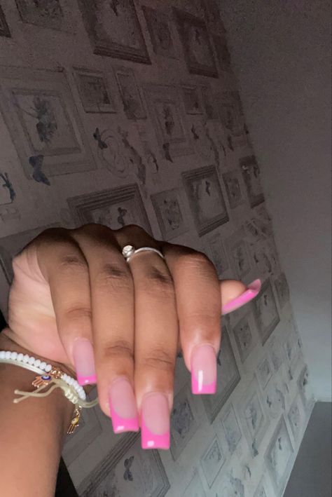 Nails Inspo Square Medium, French Nails Regular, Med Square Acrylic Nails French Tip, Long Squoval Nails Design, Pink Nails Medium Length Square, Long French Tip Nails Pink, French Tip And Rhinestone Nails, French Tip Nails Square With Design, Basic Medium Acrylic Nails